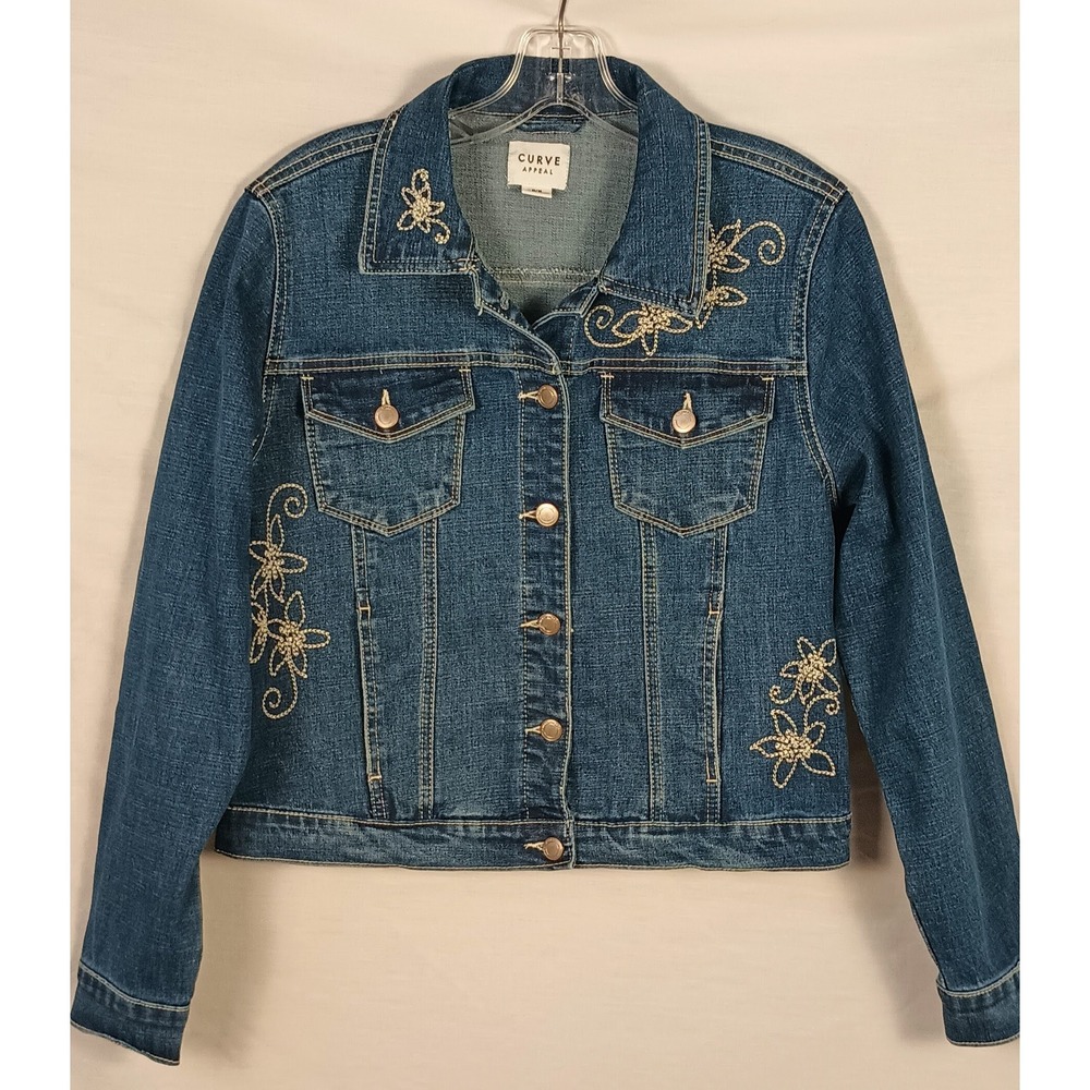 Curve Appeal Women's M Blue Denim Jacket Button Front Embroidered Pockets